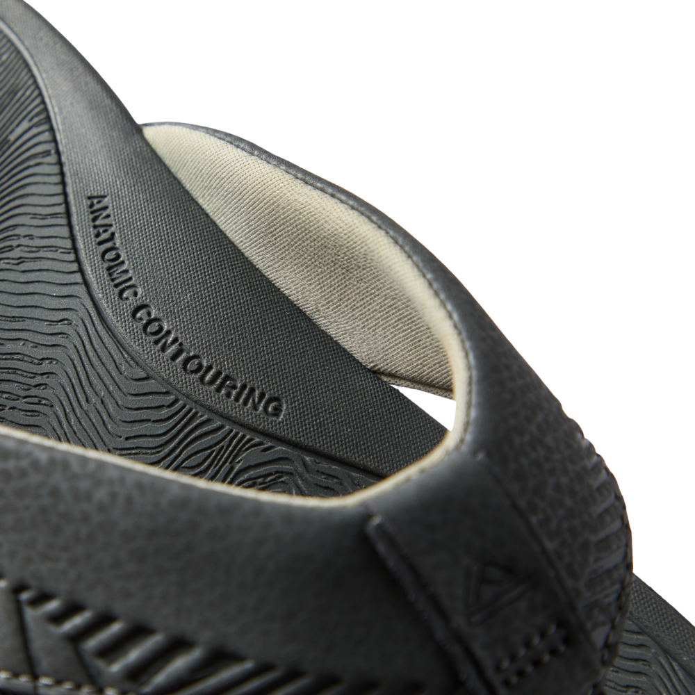 Close-up of the heel of the Offshore men's grey sandal facing left, showing anatomical arch support and cushioning.