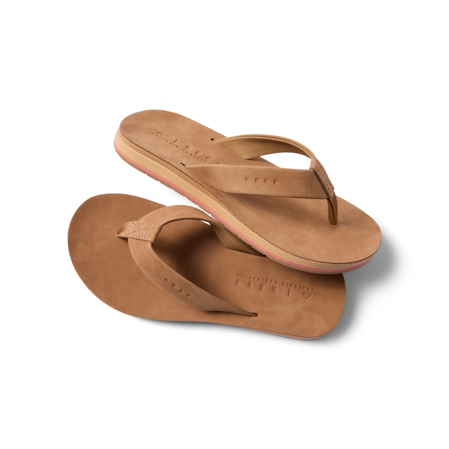 Ojai Classic women's tan flip flops shown from above, highlighting soft-rebound cushioning and anatomical arch support.