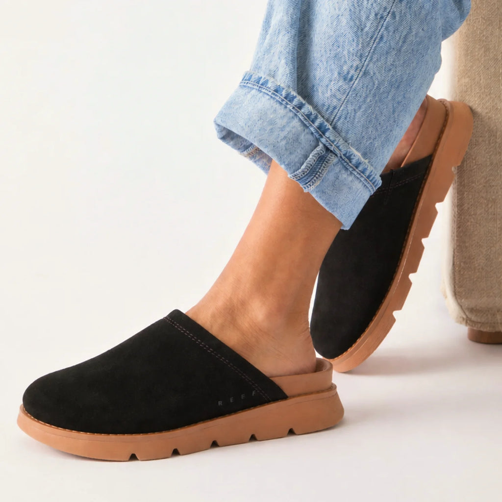 Vista Luxe Mariana facing right, women's black suede slip-on clog with cushioned sole, arch support, and durable tread for all-day comfort