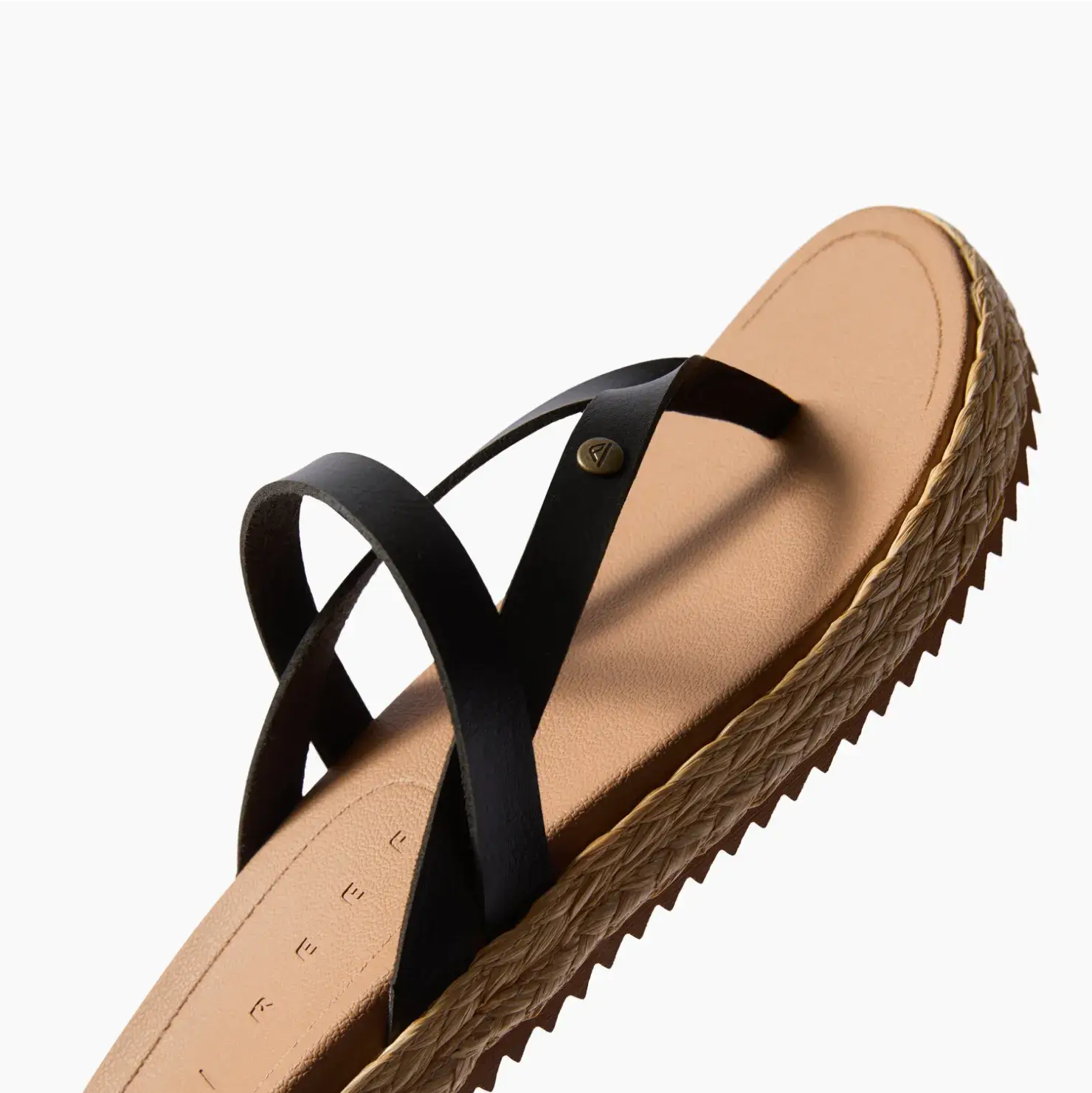 Vista Carmen women's black sandal facing right, close-up of front straps and cushioned footbed with arch support