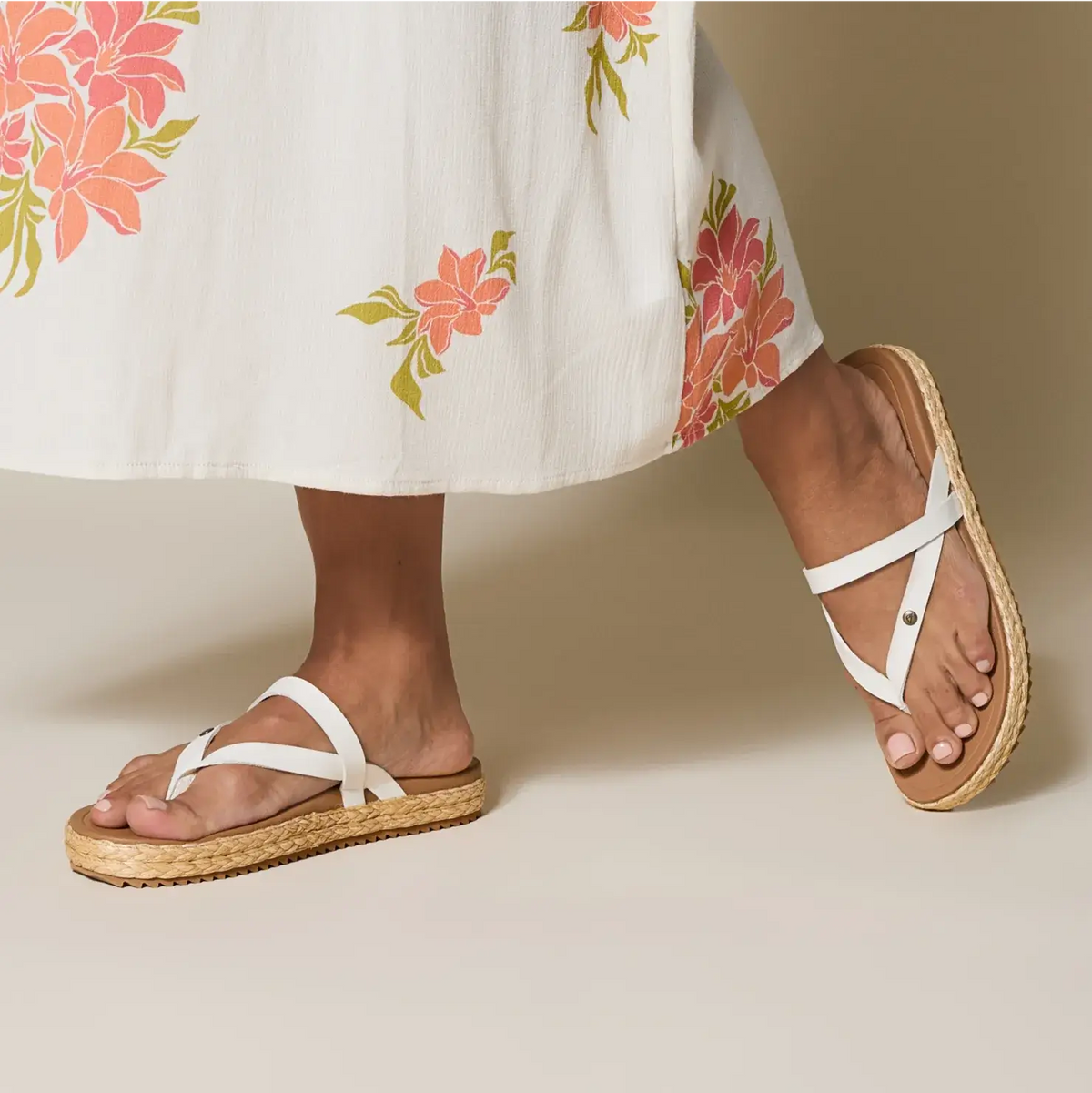 Vista Carmen women's sandals with white straps, facing right, side view of footbed and cushioned sole, beach-inspired comfort.