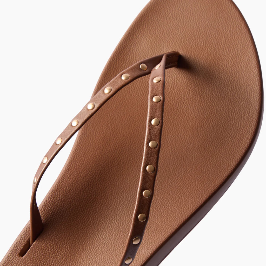 Top view of Cushion Slim Studs sandal in chocolate brown showing front straps with gold studs and cushioned footbed