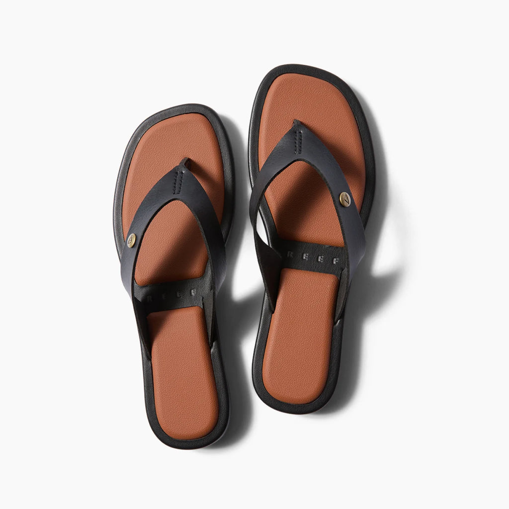 Willow Ella women's black sandals top view showing brown footbed and anatomical arch support for beach comfort