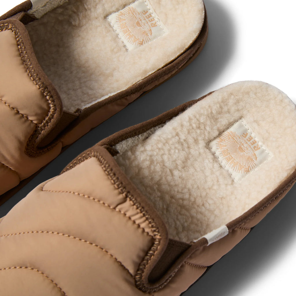 Top view close-up of brown Cushion Homey slippers for men featuring soft shearling lining and padded upper for comfort