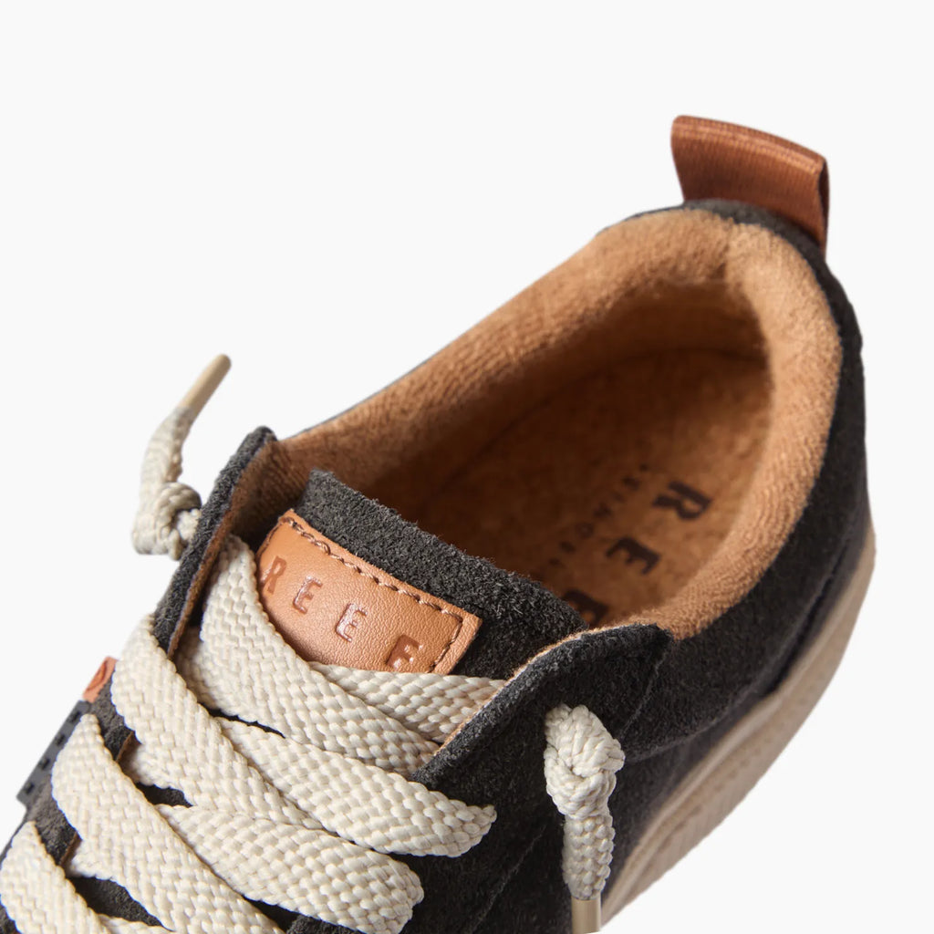 Close-up of the Lay Day Dawn left charcoal suede shoe facing forward with soft cushioning and arch support for comfort.
