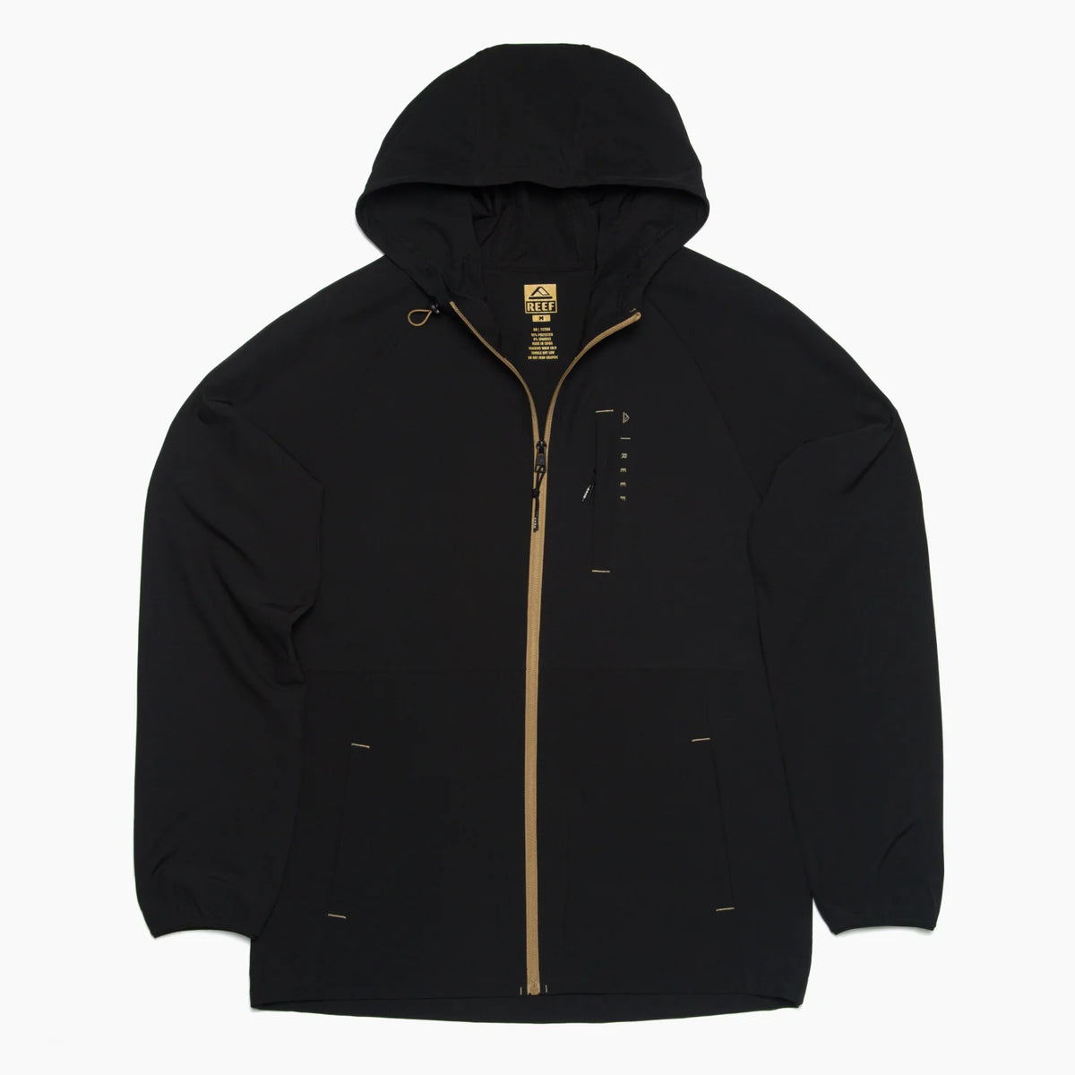 Garvey Full Zip Jacket in black with tan zipper, front chest pocket, and hood, shown flat for full detail view.