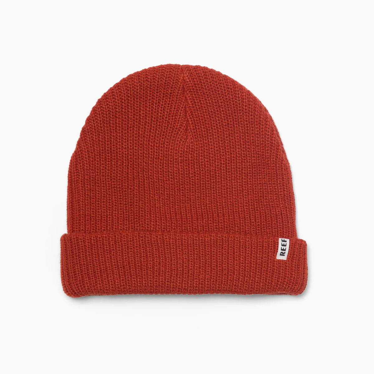 Alyx Beanie in chili red, front view showing knit texture and REEF tag, unisex comfort apparel for beach lifestyle.