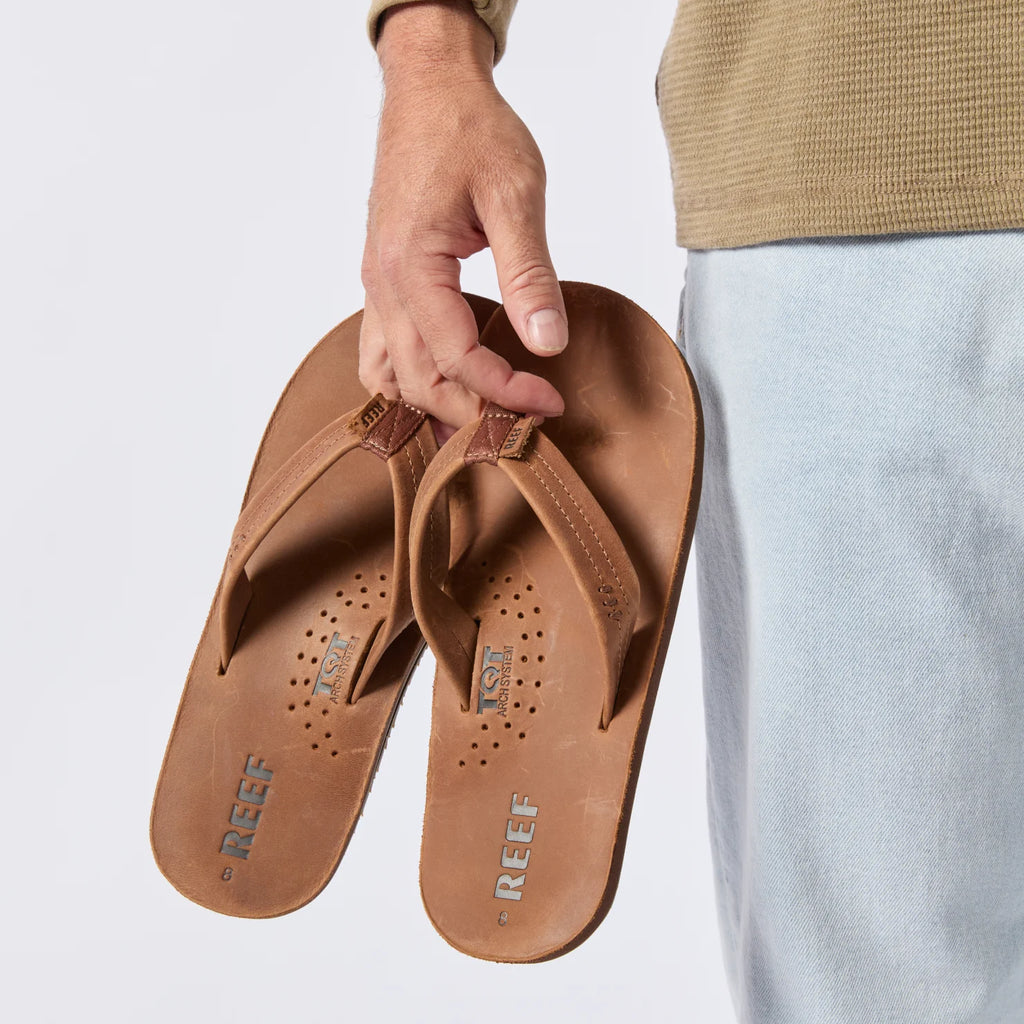 Hand holding a pair of brown Reef Draftsmen flip flops showing top down view of the left and right sandals facing forward