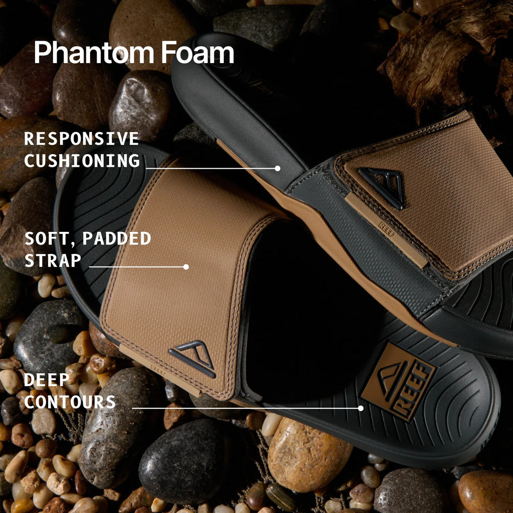 Image of brown and black slide sandals with callouts for "Phantom Foam", "Responsive Cushioning" in the outer footbed, "Soft, Padded Strap" on the slide strap, and "Deep Contours" in the footbed