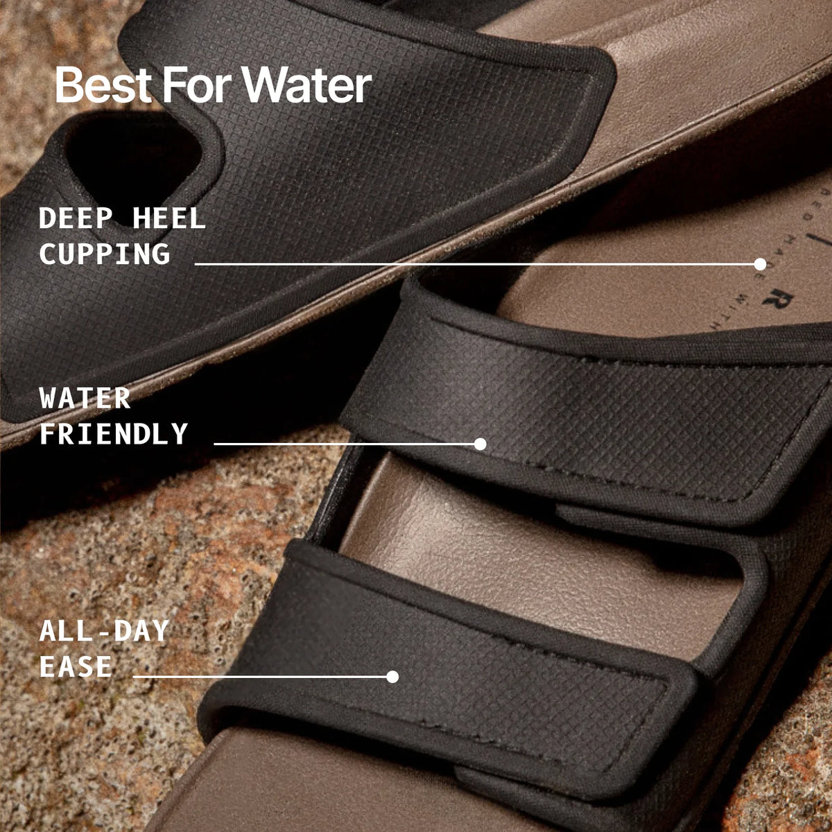 Image of a pair of Brown two-strap men's sandals on a rocky surface, with callouts for "Best For Water", "Deep Heel Cupping" in the footbed, and "Water Friendly" and "All Day Ease" on the straps