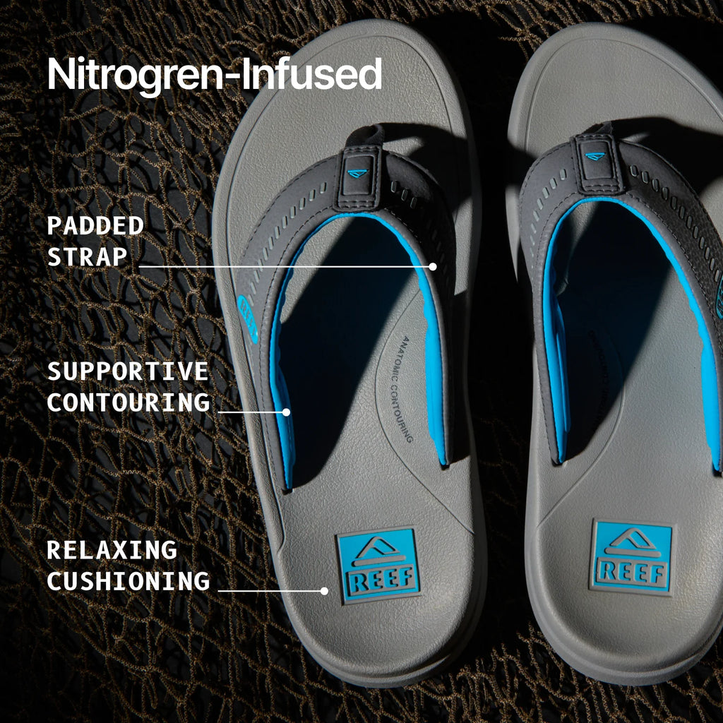 Image of a pair of flip flops with a net in the background, with text that says "Nitrogen-Infused", "Padded Strap", "Supportive Contouring" on the footbed, and "Relaxing Cushioning" on the heel