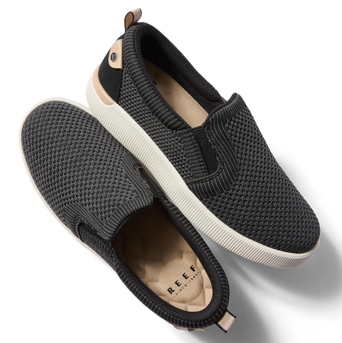 Neptune Elyse black women's slip-on shoes facing right, close-up of mesh upper and cushioned sole with arch support.