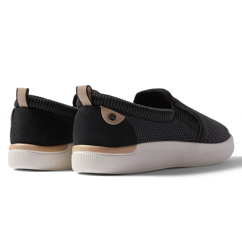 Neptune Elyse women's black slip-on sneakers facing left, rear and side view, lightweight comfort shoes.
