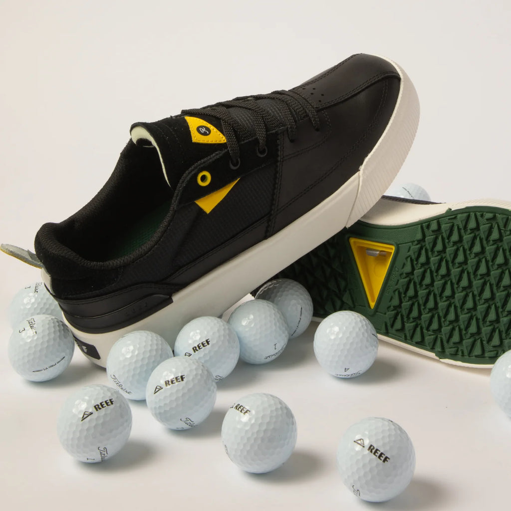 Onshore Pines black and white sneaker facing left showing side and sole with anatomical arch support and cushioning