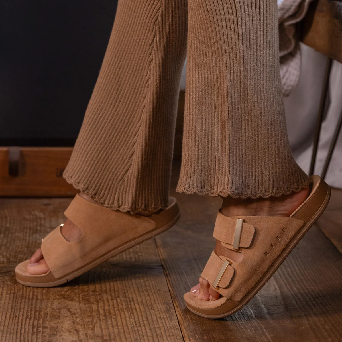 Ojai Two Bar sandals facing right, close-up on top and side with soft-rebound cushioning for beach comfort.
