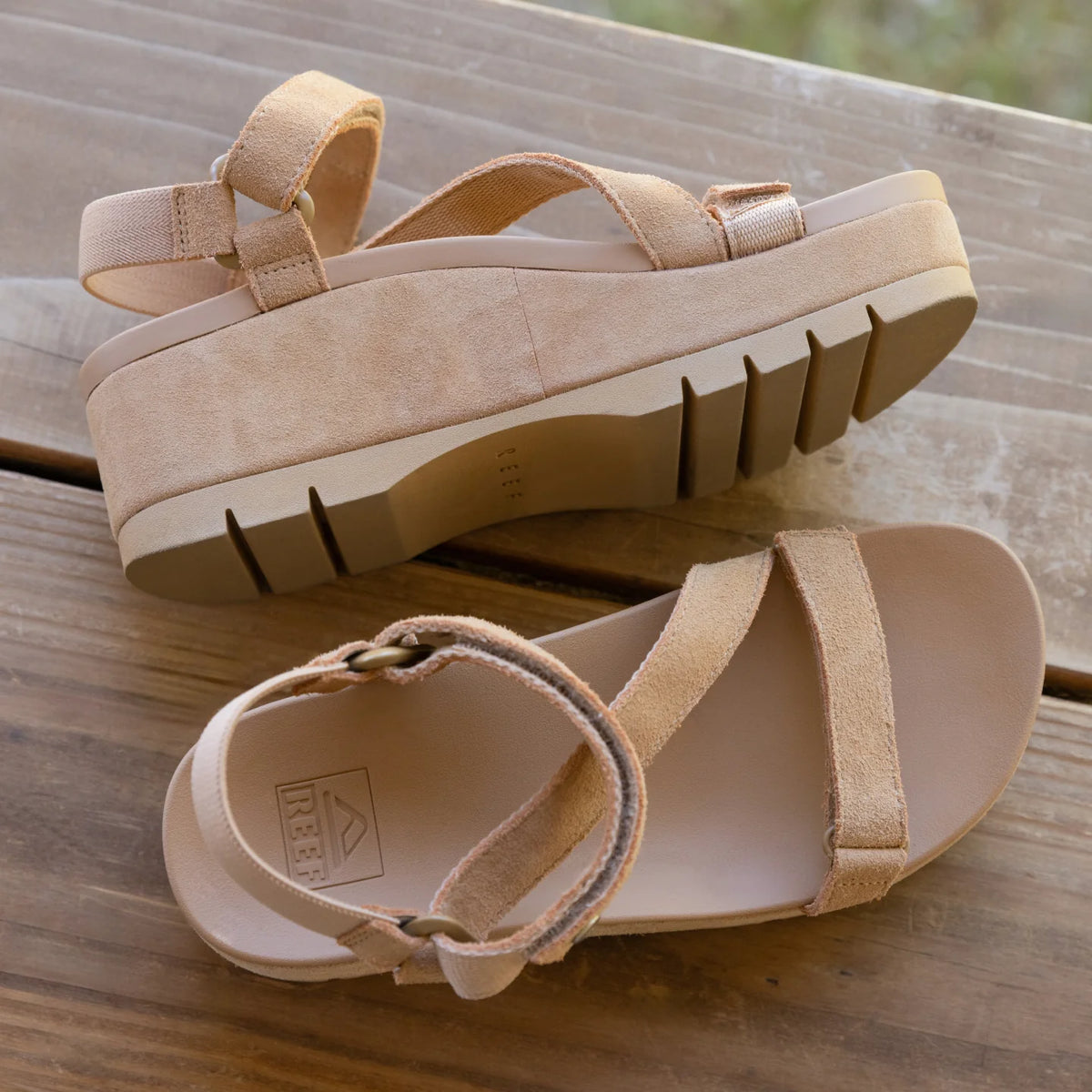 Vista Higher Luna women's sandals in tan, side view showing outsole with arch support and top view of straps, close-up detail