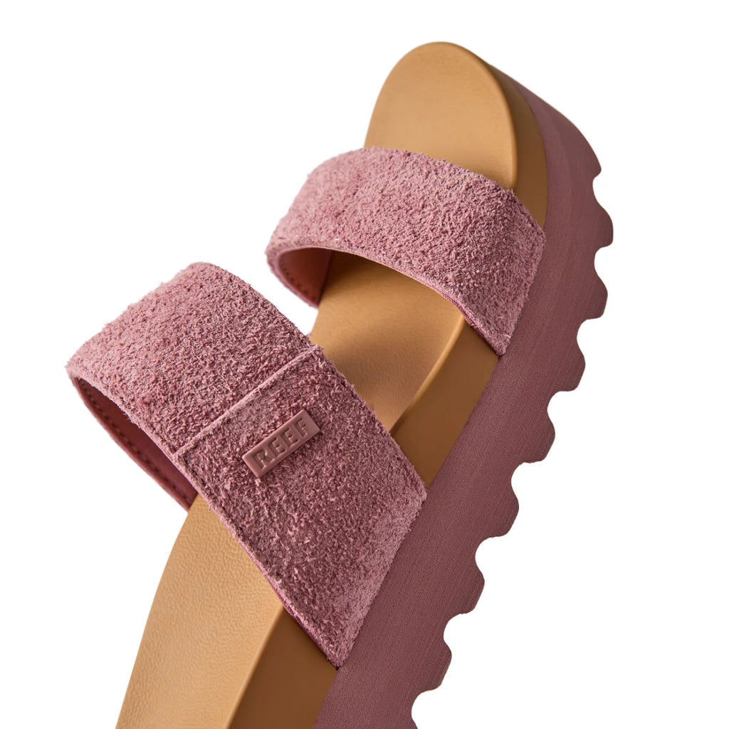 Cushion Vista Hi women's sandal facing left, close-up of textured pink suede straps with soft-rebound cushioning sole.