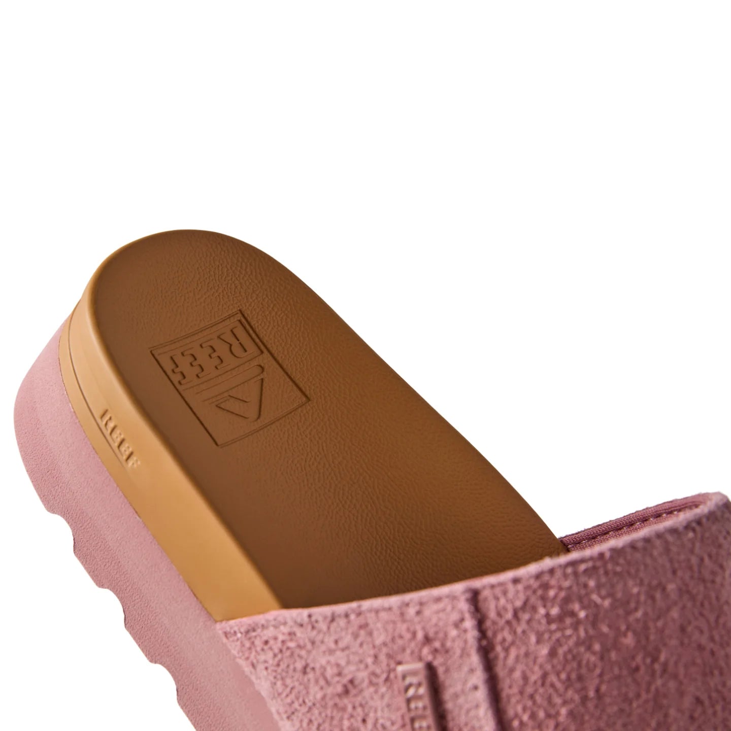 Close-up of the footbed and upper of the pink Cushion Vista Hi sandal facing left, featuring soft-rebound cushioning and arch support.