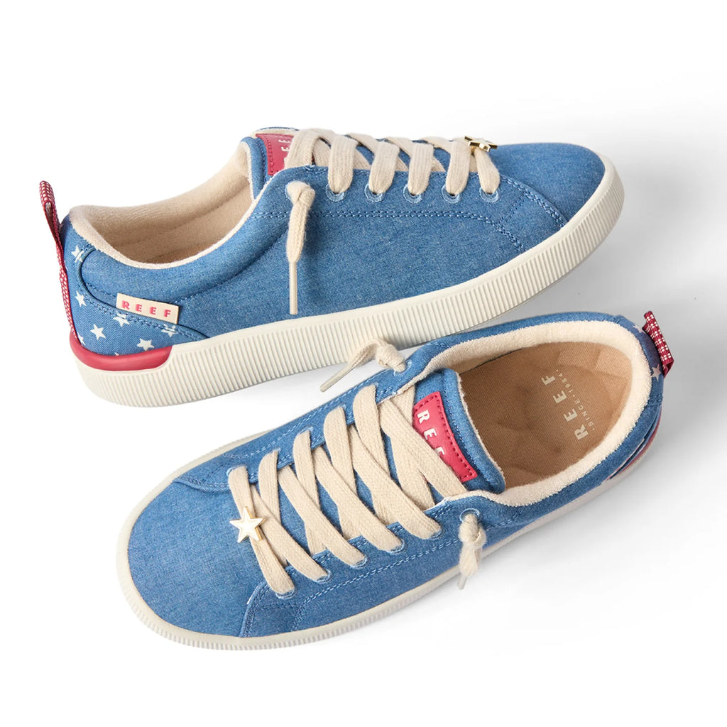 Top and side views of Neptune Alana women's blue sneakers with beige laces, featuring soft cushioning and arch support.