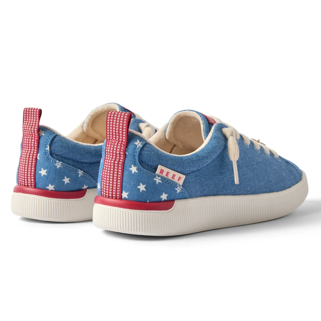 Rear view of Neptune Alana women's shoes in blue with white stars, red accents, comfortable cushioning, and arch support