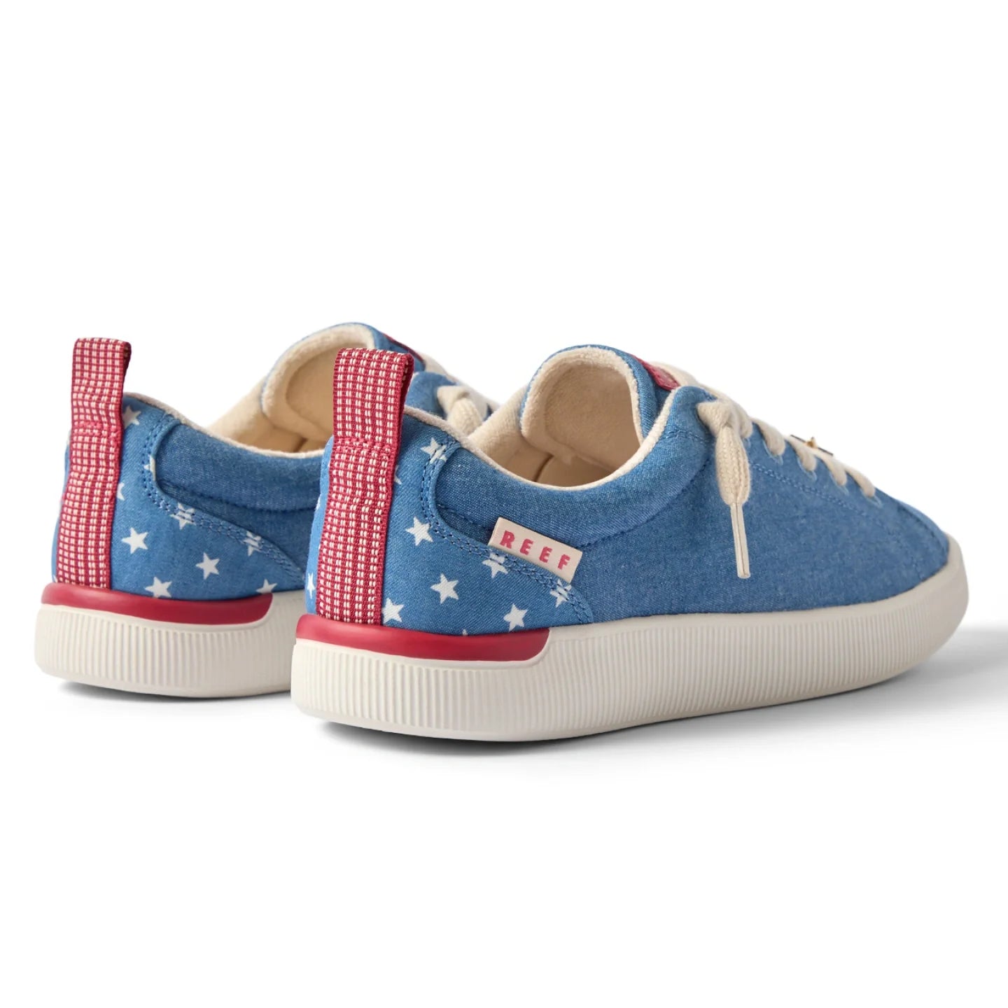 Rear view of Neptune Alana women's shoes in blue with white stars, red accents, comfortable cushioning, and arch support