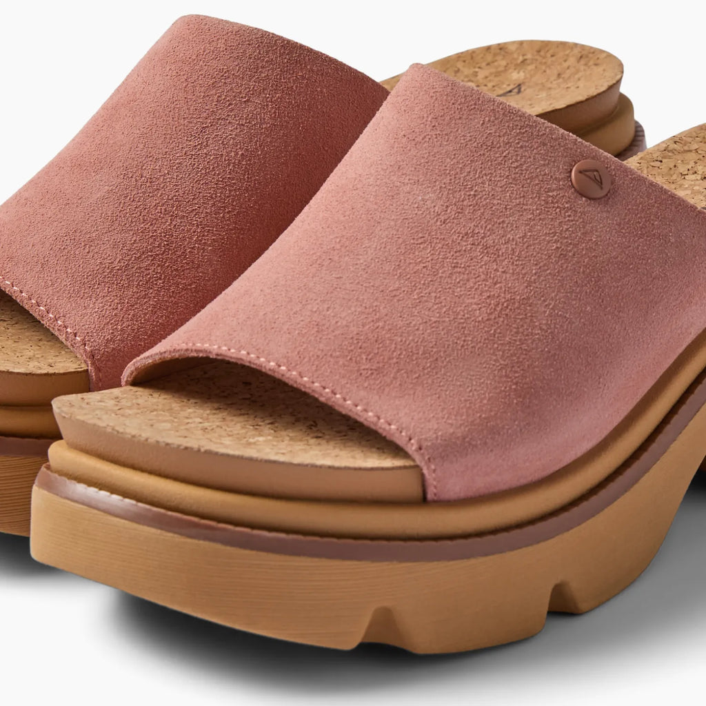 Vista Luxe Evie mauve slide sandals facing right, close-up of the front upper and cushioned sole with arch support.