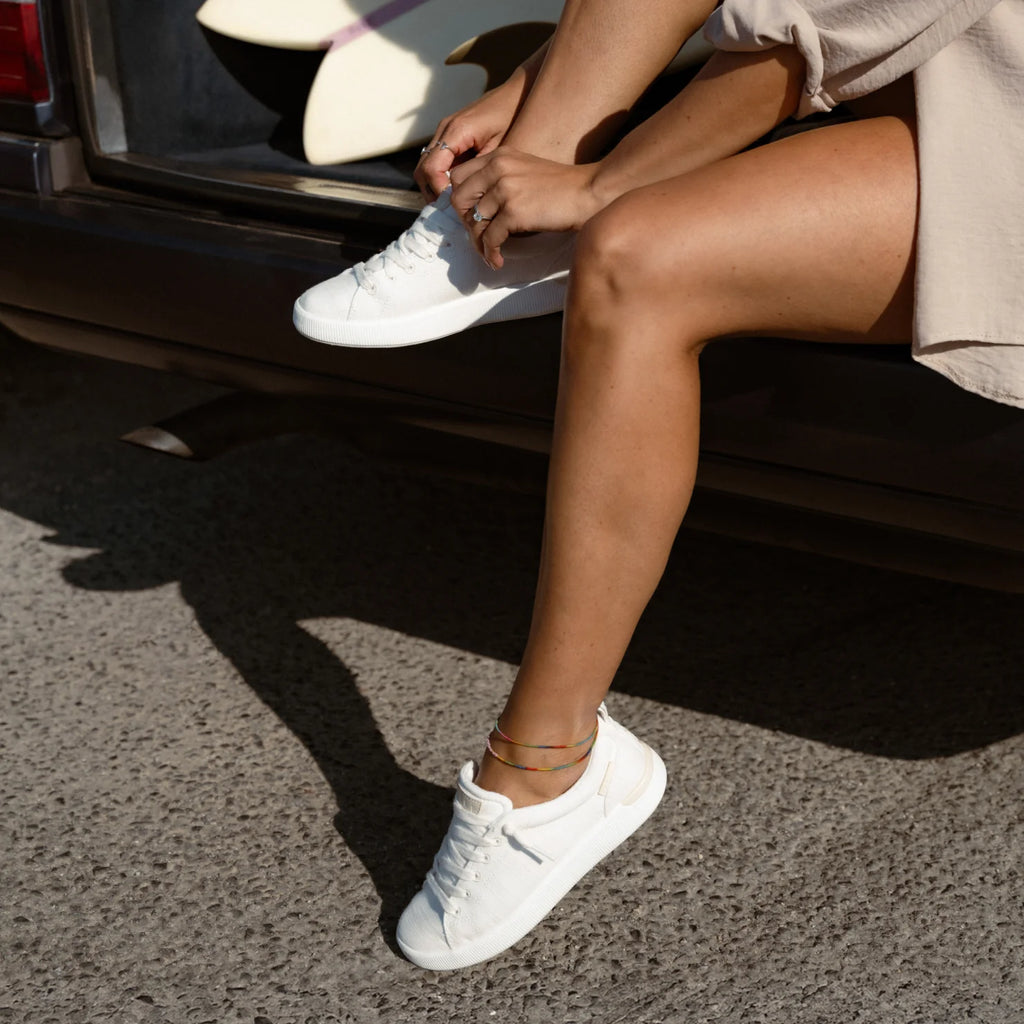 Neptune Alana white sneaker facing right, close-up of side and top with soft cushioning and arch support for comfort