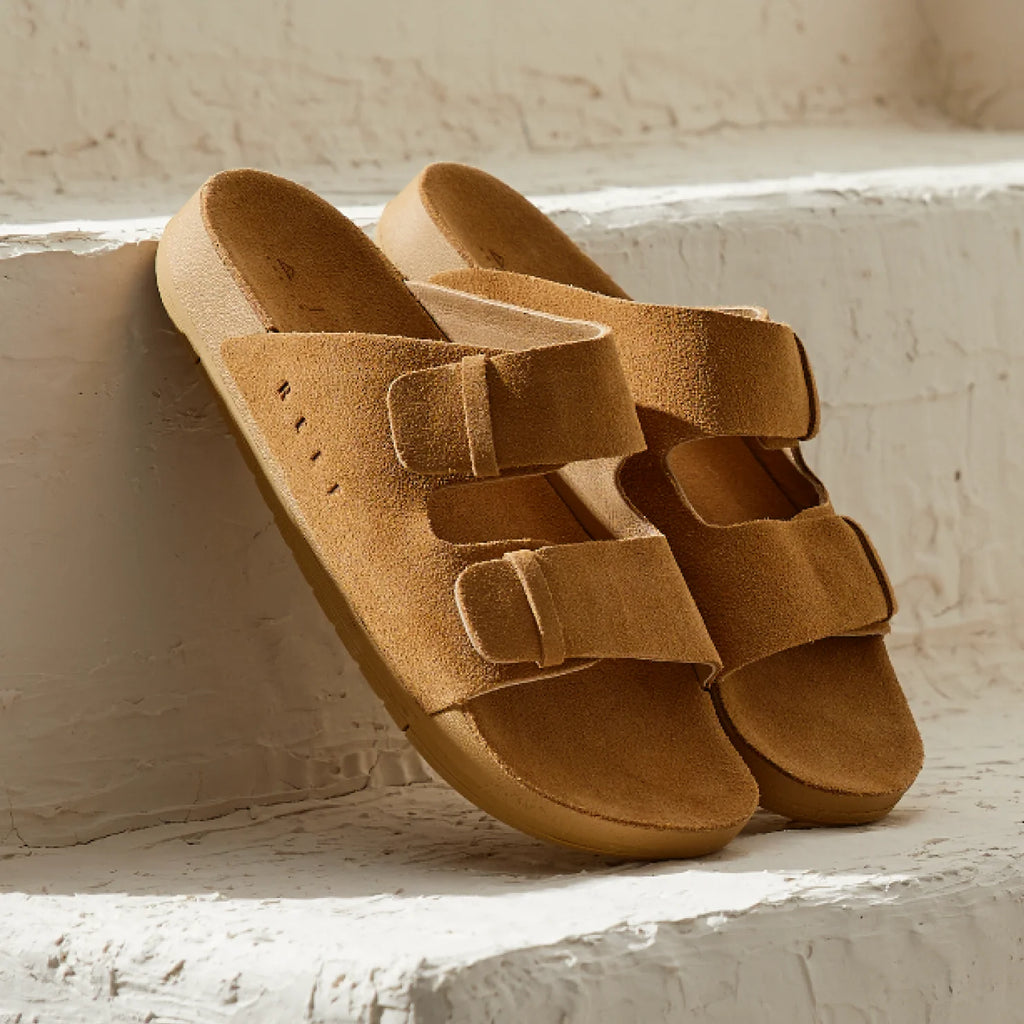 Ojai Two Bar women's sandals facing forward left, close-up of tan suede straps with comfort cushioning for the beach.