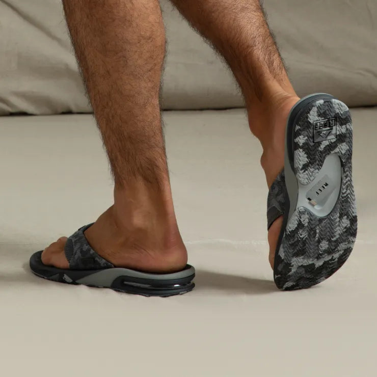Fanning men's right sandal in gray camo, rear and sole view, water-friendly with arch support and cushioning.