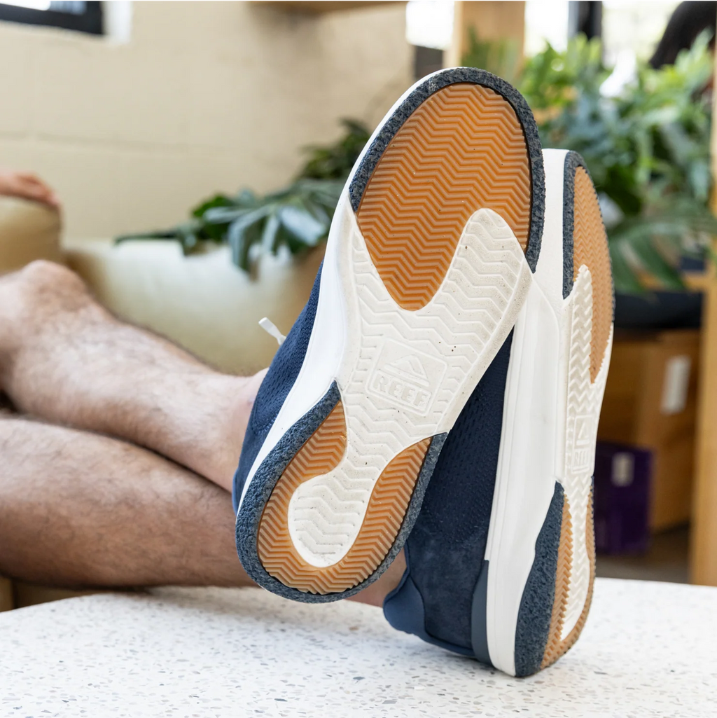Shoreline Del Mar shoes showing navy outsole facing forward with water-friendly, cushioned support for beach comfort.