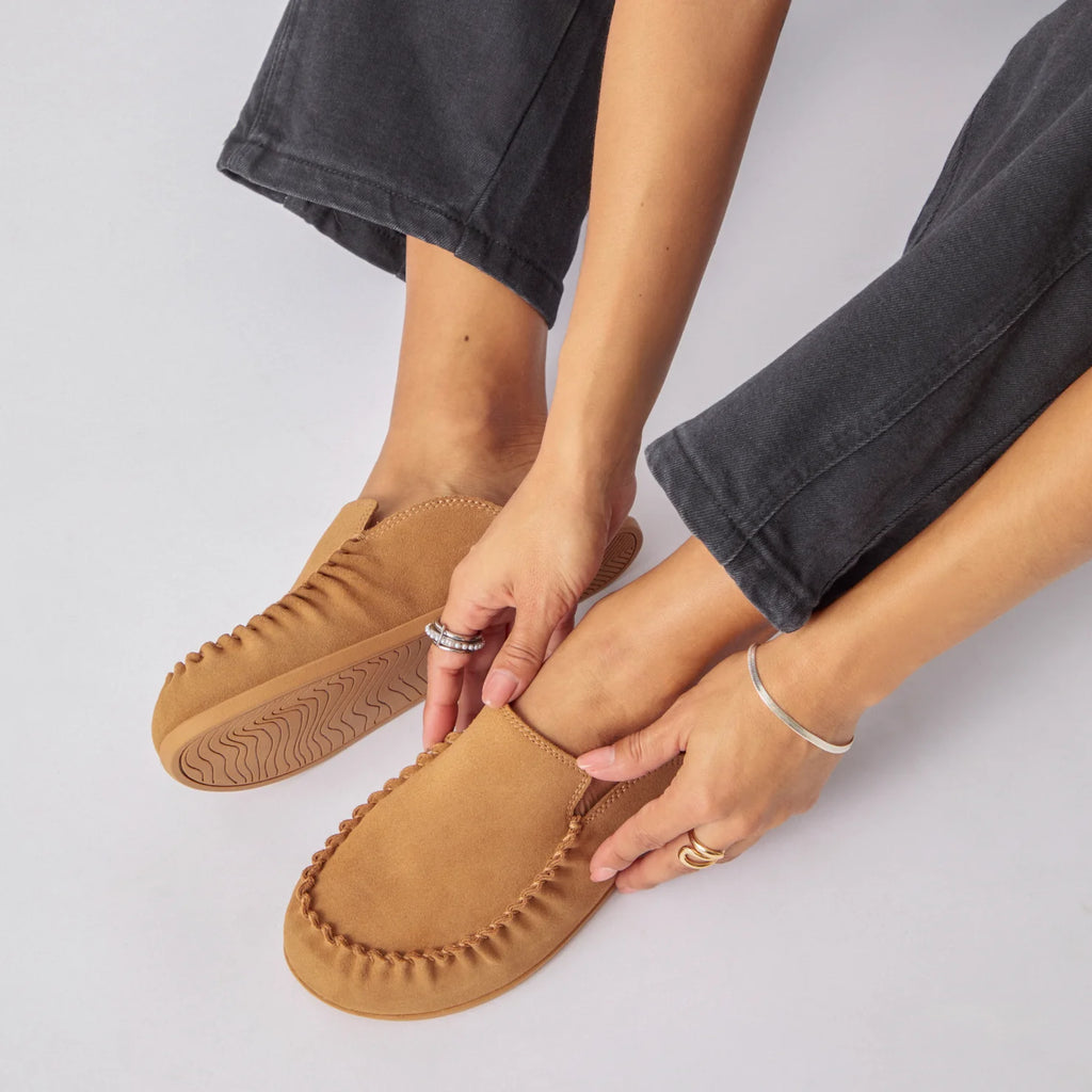 Pair of tan Vista Myra clogs facing forward, women's leather slip-on shoes with detailed stitching and cushioned footbed