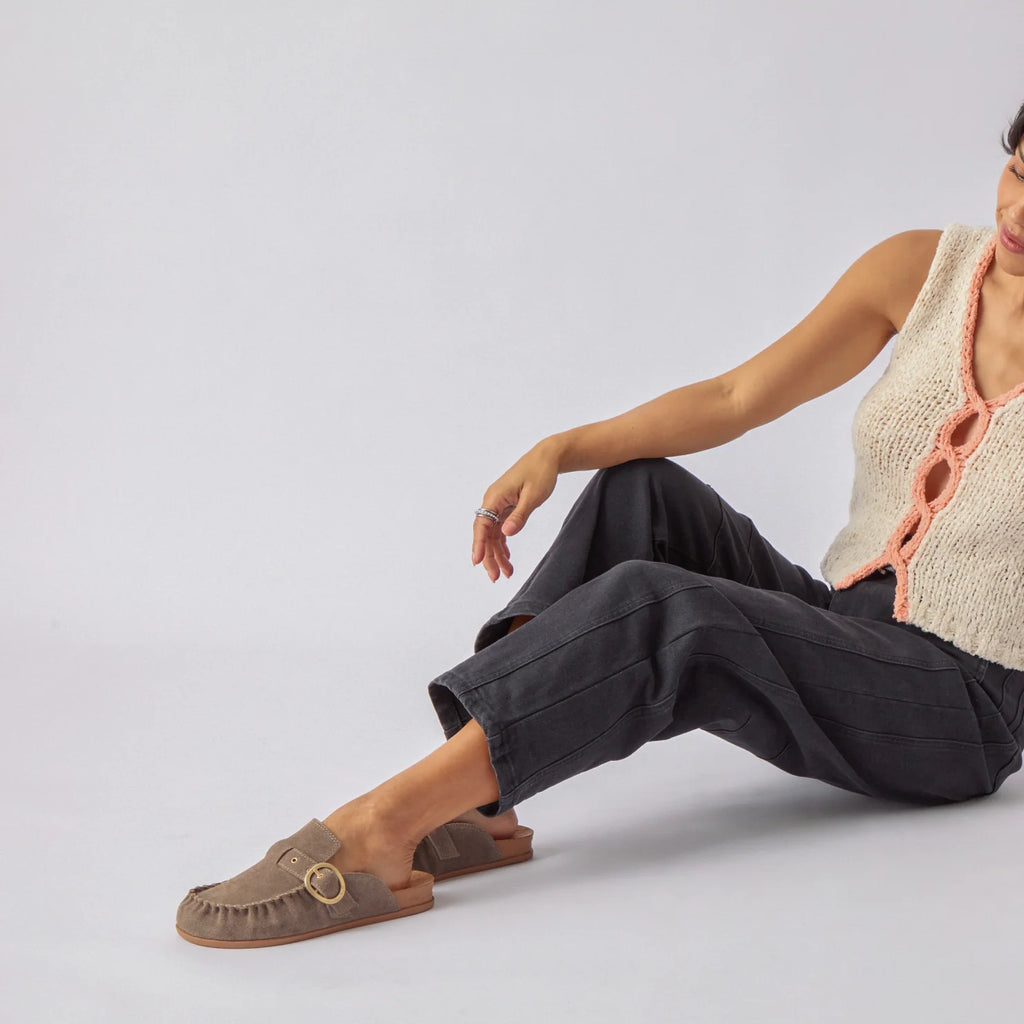 Side view of Vista Siena brown suede mule facing left with buckle detail, cushioned footbed, and laid-back style.