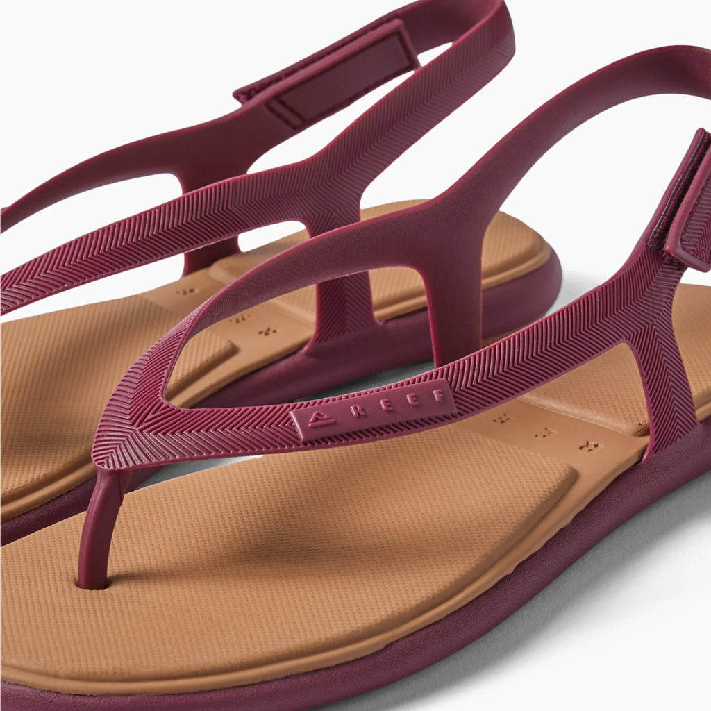 Close-up of Water Willow Maya women's sandals facing right, with adjustable strap and cushioned footbed in cordovan color.