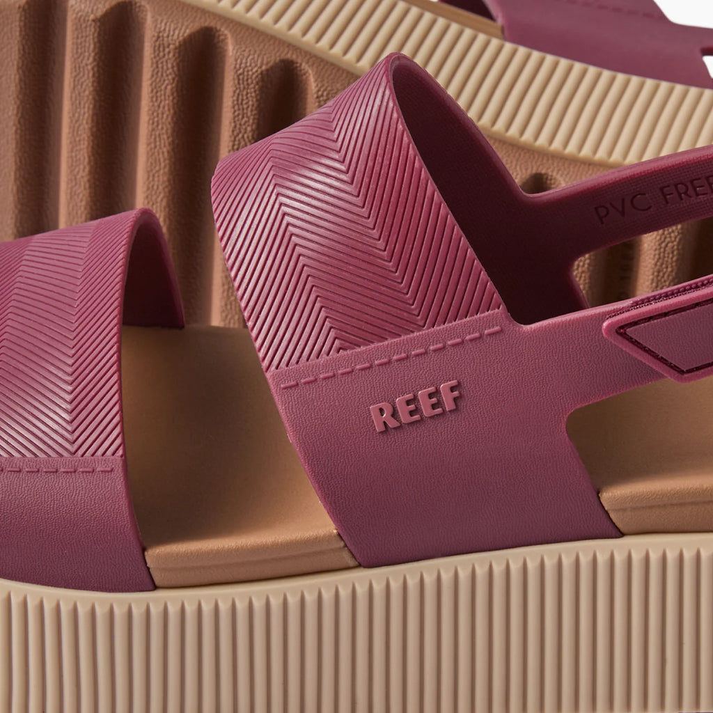 Close-up of the left side of Water Vista Higher sandal in cordovan, showing textured straps and cushioned footbed.