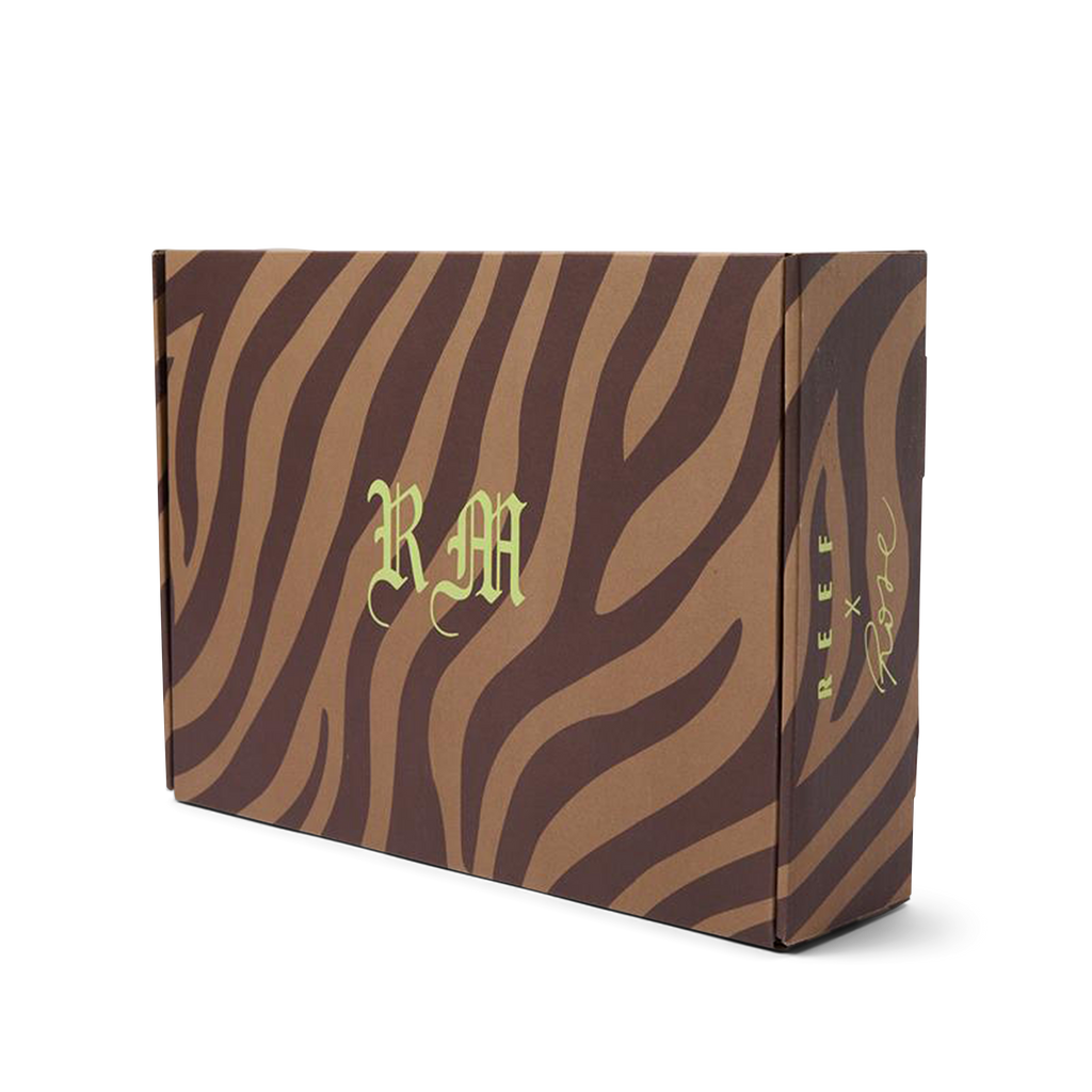 Willow Ava-Rose packaging box featuring a brown zebra pattern with REEF x Rose branding for beach-inspired comfort footwear.