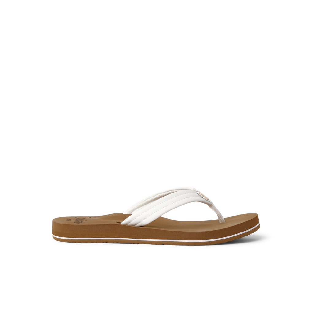 Side view of Reef Cushion Breeze women's sandal with white straps and brown cushioned sole, designed for beach comfort.