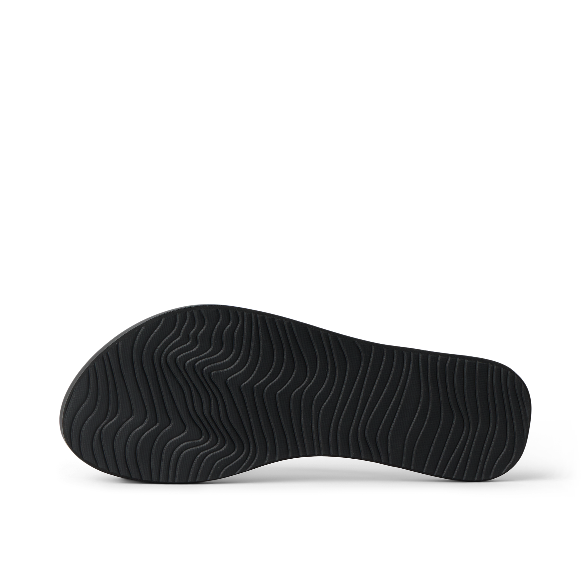 Bottom sole of Cushion Slim black women's footwear showing textured water-friendly rubber grip for beach comfort and durability