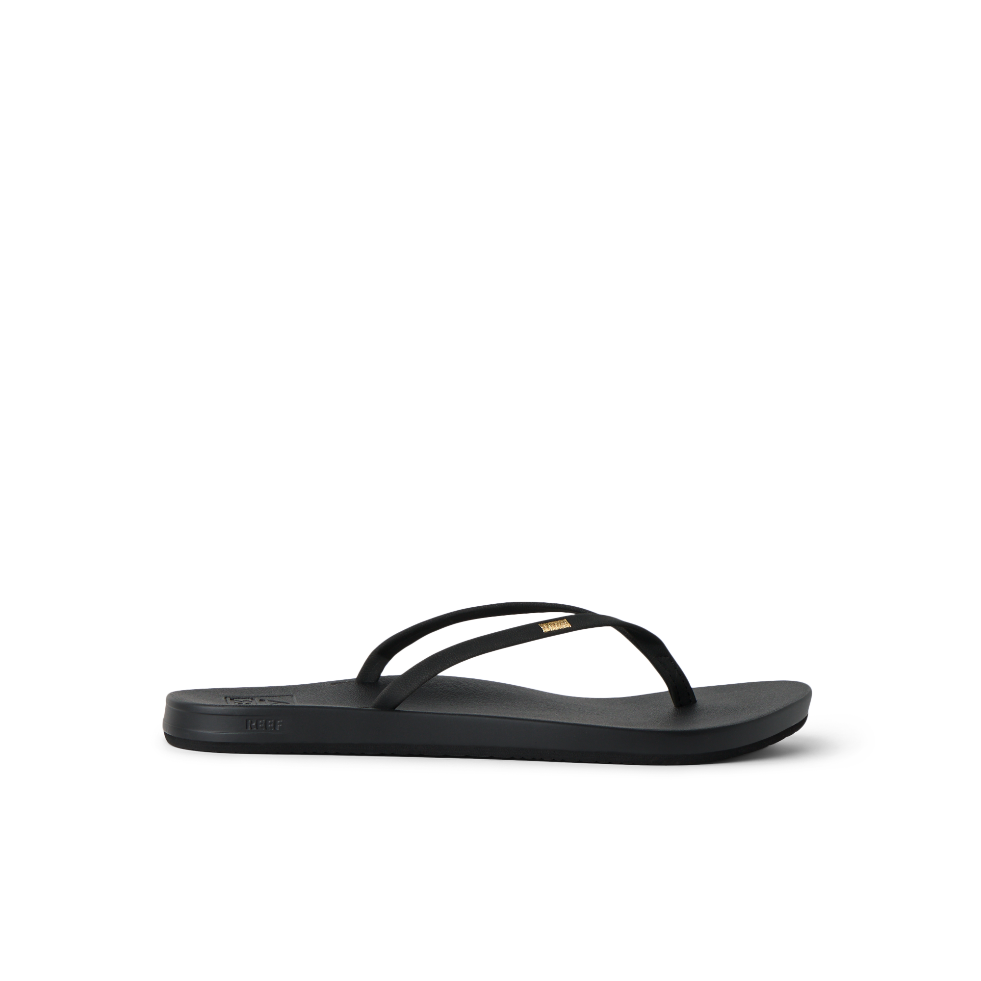 Cushion Slim black flip flop facing left, showing side profile with anatomical arch support and soft cushioning.