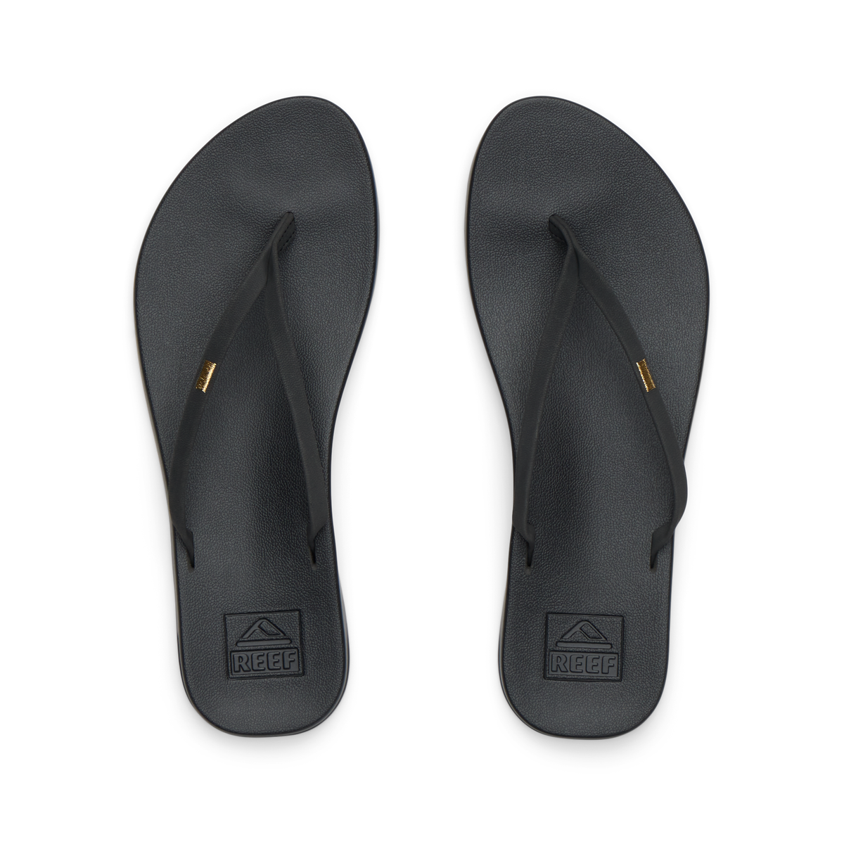 Pair of black Cushion Slim flip flops for women shown from top view, featuring soft-rebound cushioning and anatomical arch support.