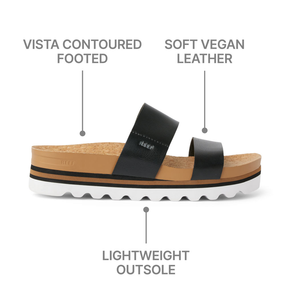 Side view of Cushion Vista Hi women's sandal with soft vegan leather straps and lightweight outsole for beach comfort.