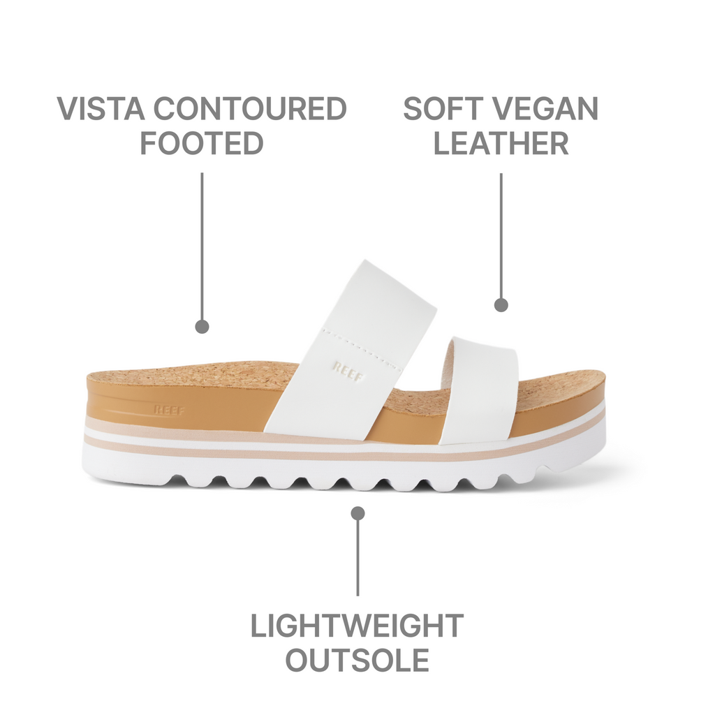 Cushion Vista Hi women's sandal facing right, showing lightweight outsole, soft vegan leather straps, and contoured footbed.