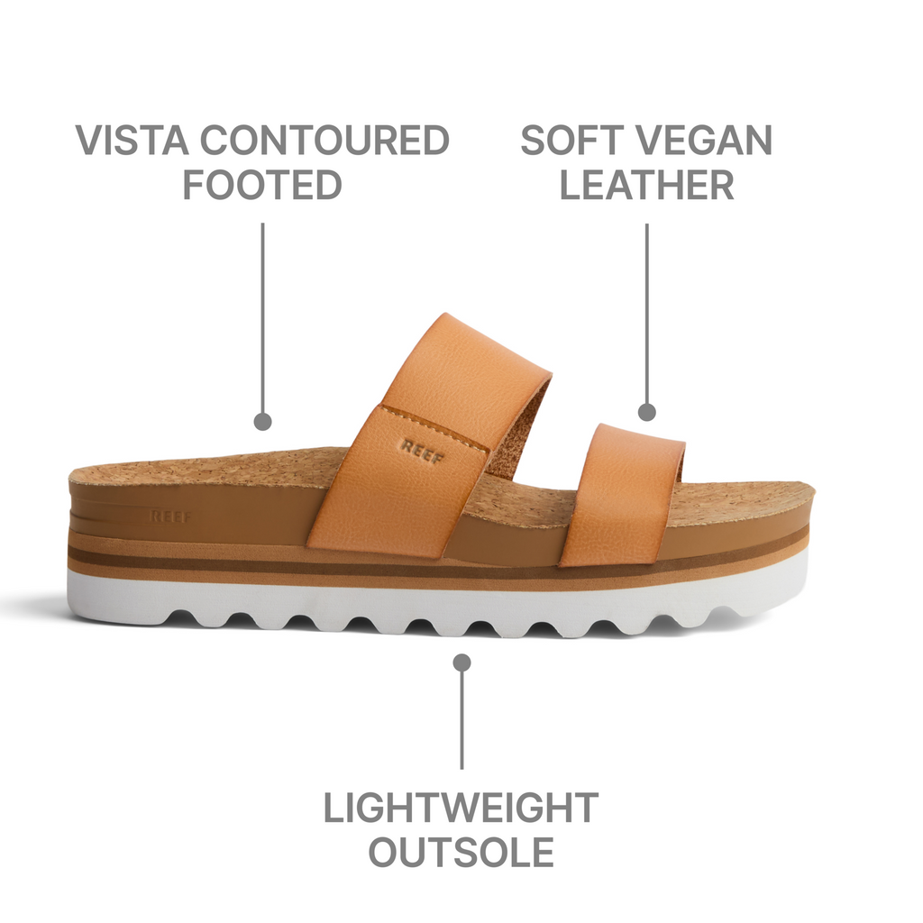 Side view of Cushion Vista Hi women's sandal in tan with soft vegan leather straps and lightweight outsole emphasizing comfort features.