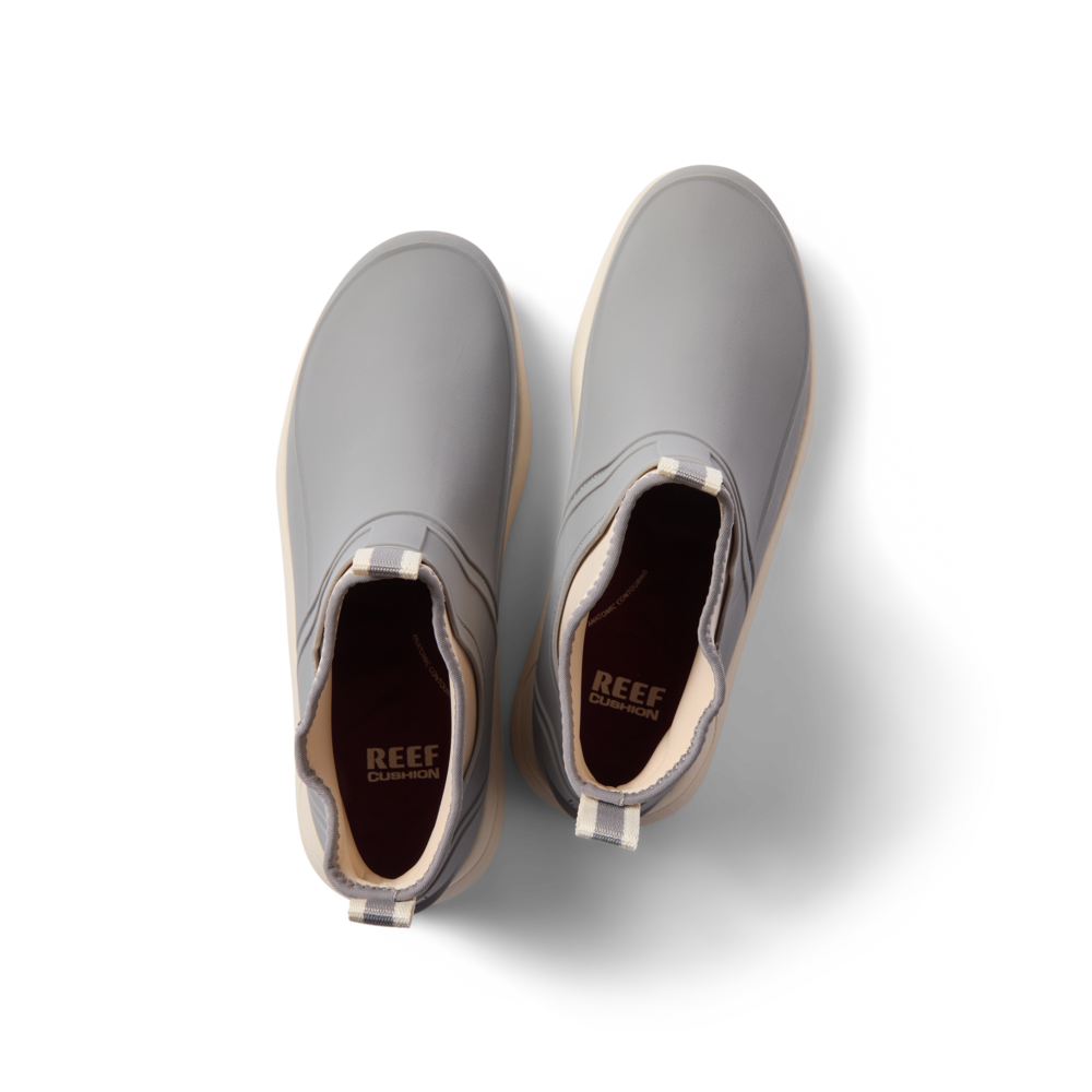 Top view of Scallywag men's slip-on shoes in grey birch with water-friendly material and cushioned footbed for beach comfort.