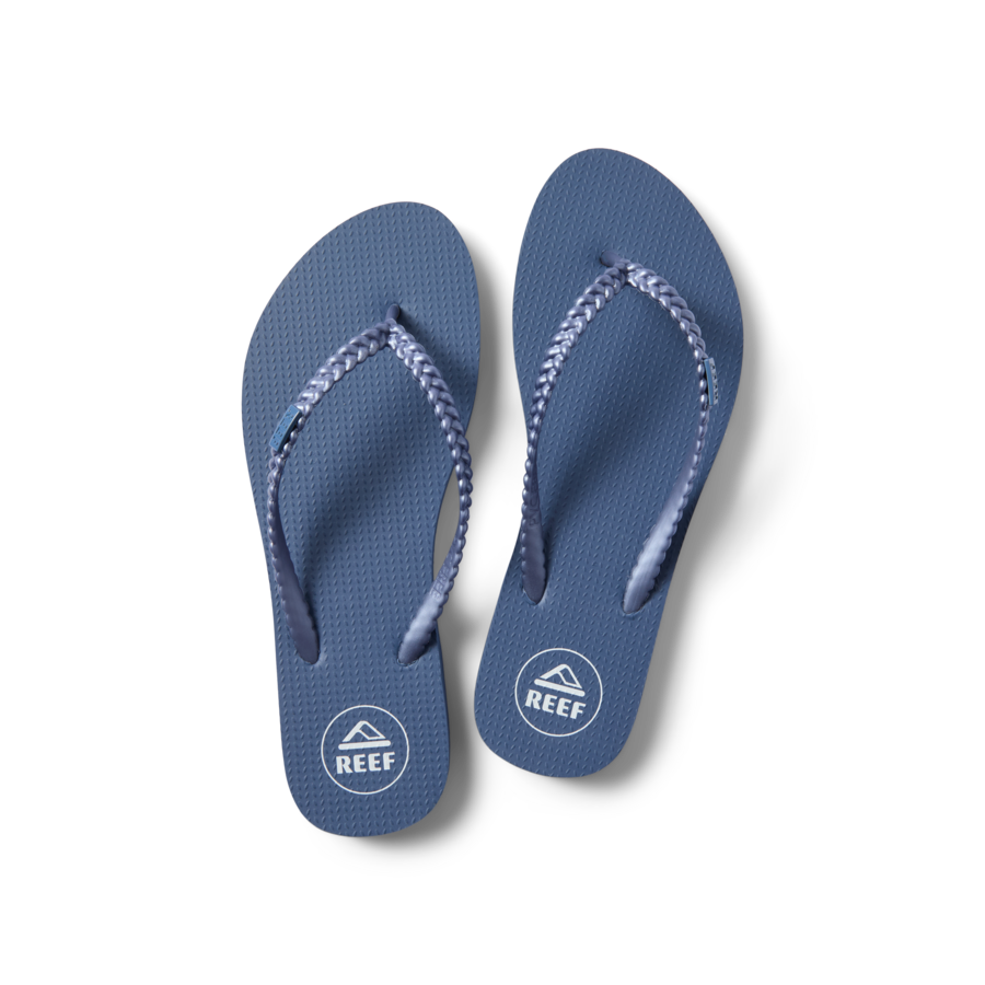 Top view of Seaside Twist women's sandals in vintage indigo with braided straps, showcasing comfort and beach-inspired design.