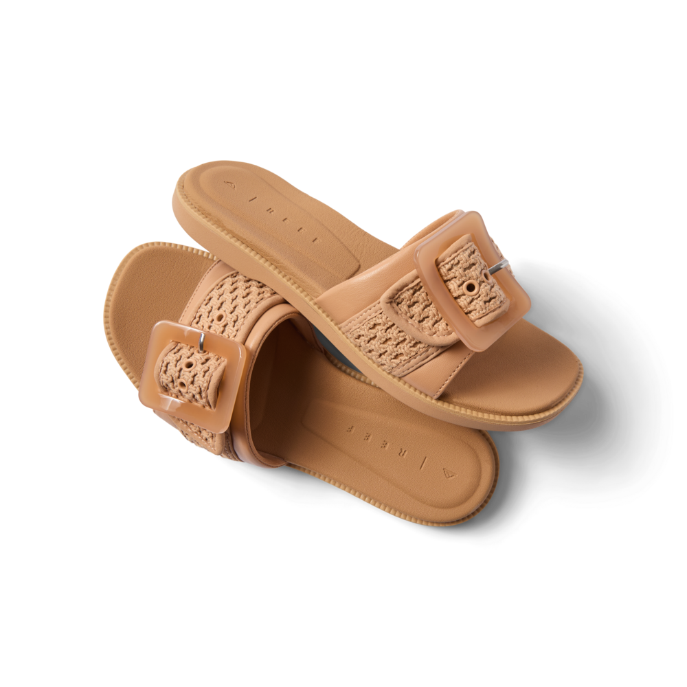 Sunny Emma women's sandals showing top and side views in natural textile with cushioned sole and adjustable buckle facing right.