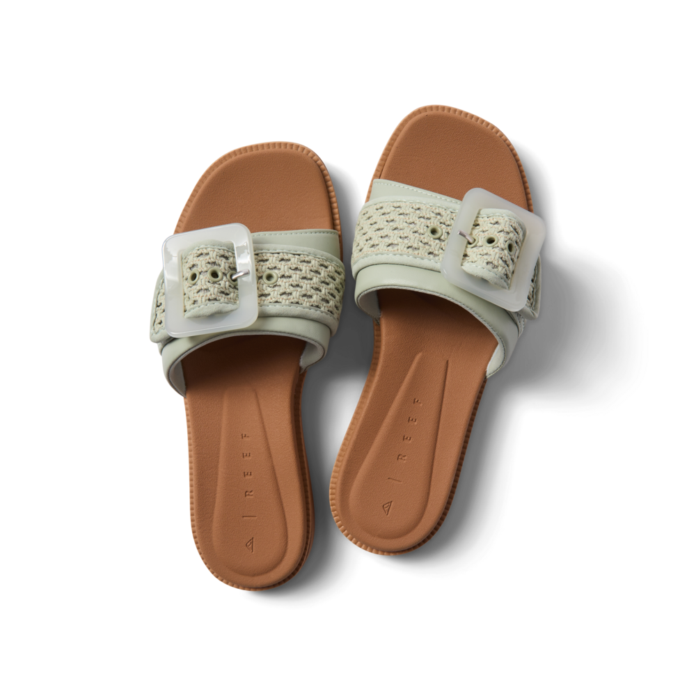 Top view of Sunny Emma women's sandals with sage textile straps, soft cushioned footbed, and anatomical arch support