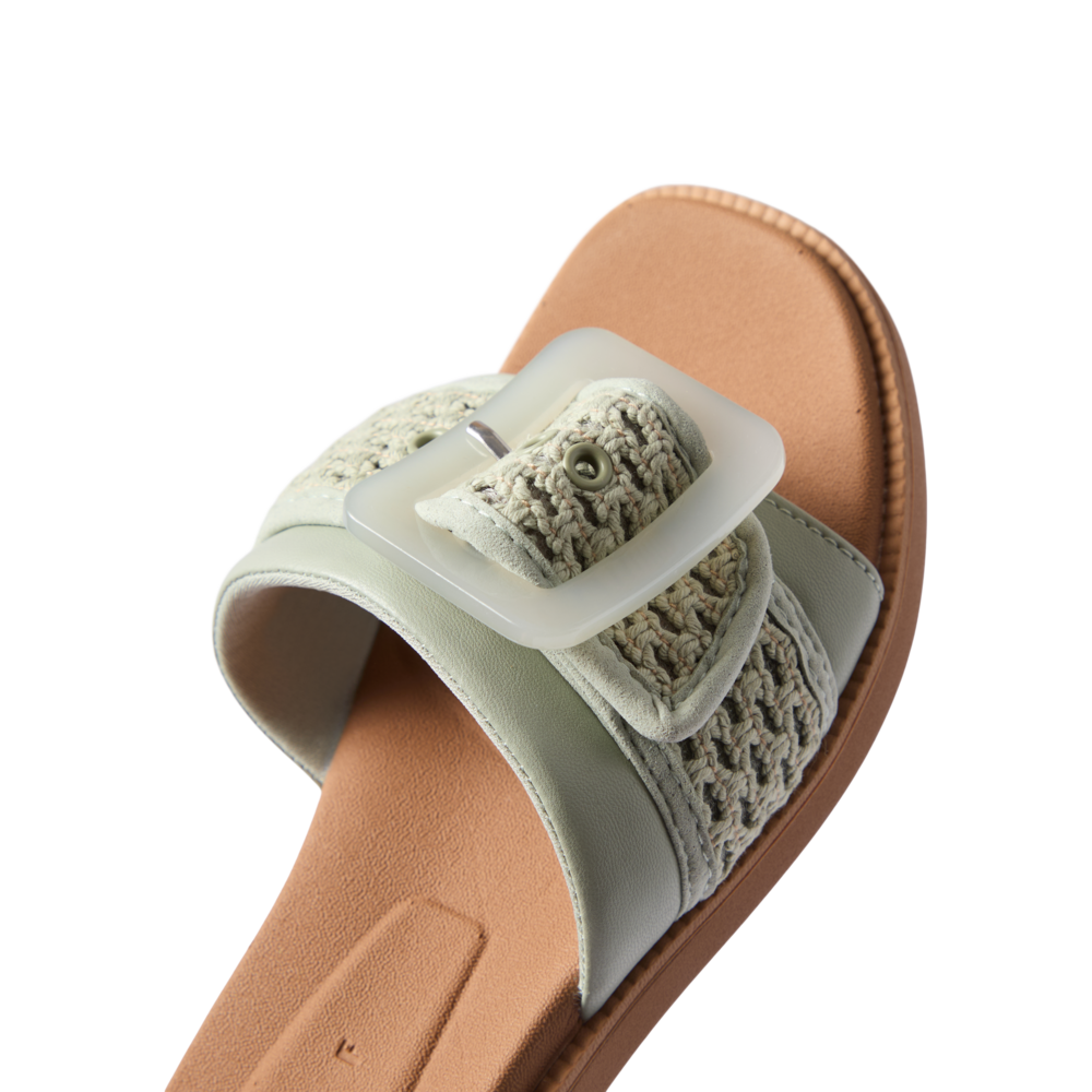 Close-up of the toe area of Sunny Emma women's sandal facing forward with cushioned, breathable textile straps.