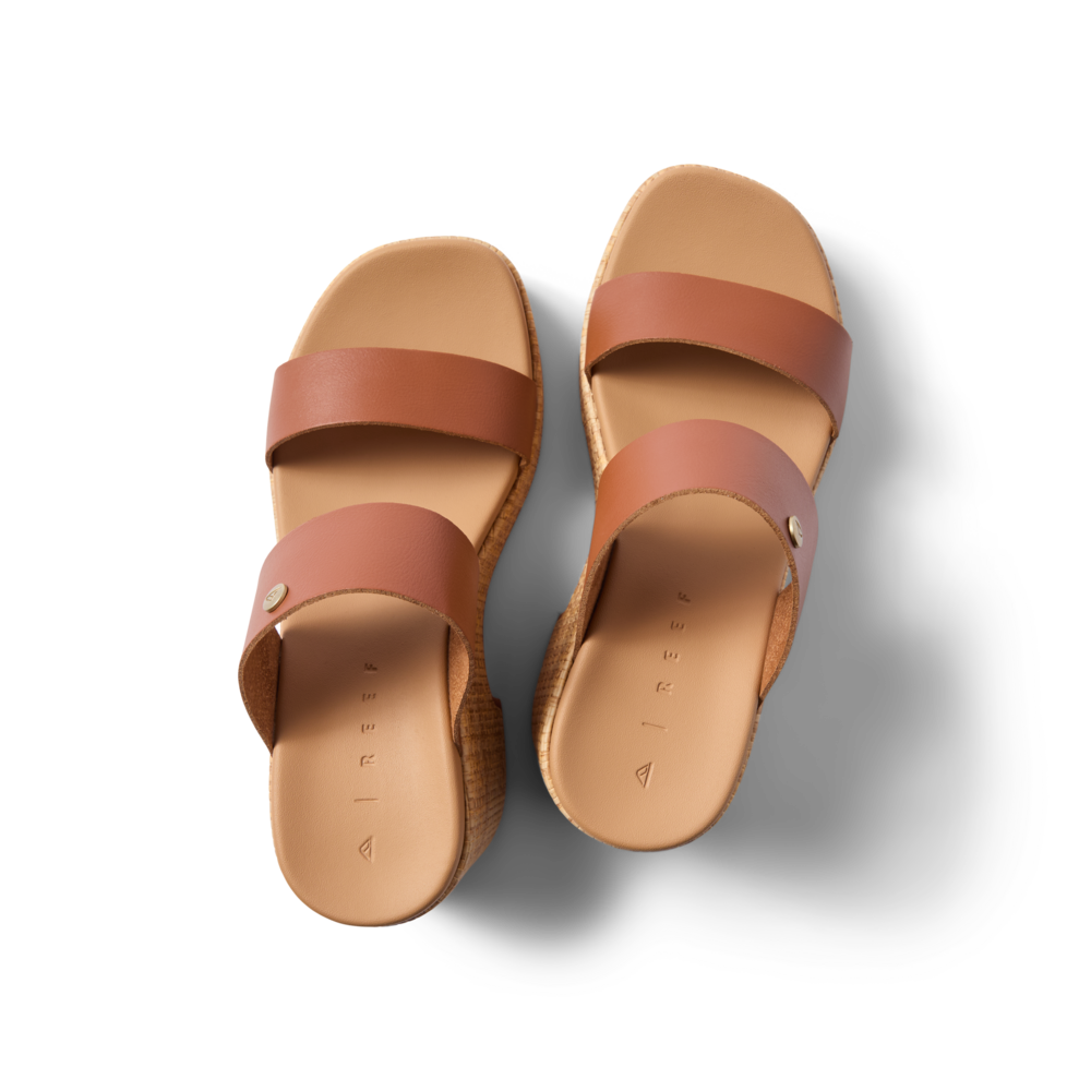 Top view of Sunset Ibiza women's brown leather sandals with dual straps, anatomically cushioned footbed, and arch support