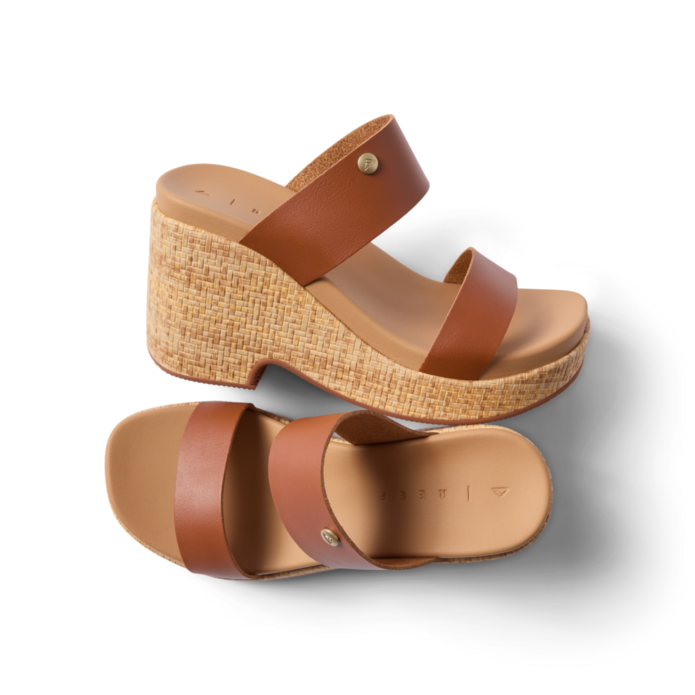 Sunset Ibiza women’s wedge sandals with brown leather straps facing right, featuring arch support and cushioned footbed.