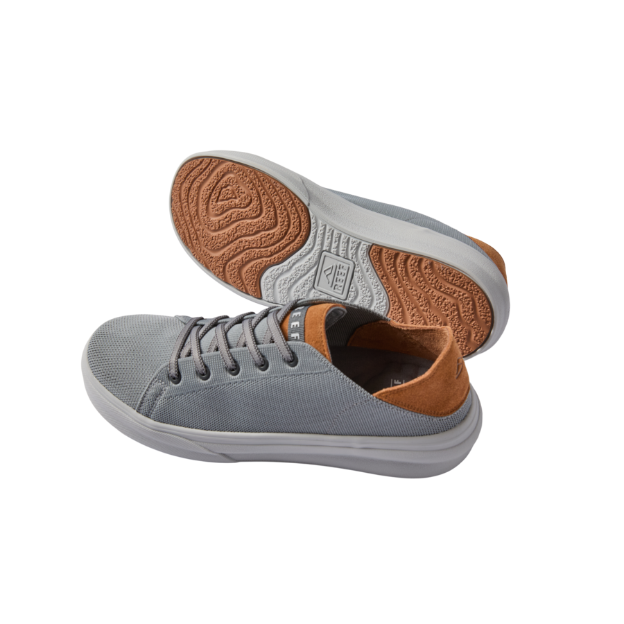 Atlantic men's grey and tan sneakers with lightweight breathable upper, showing outsole and side profile facing right.